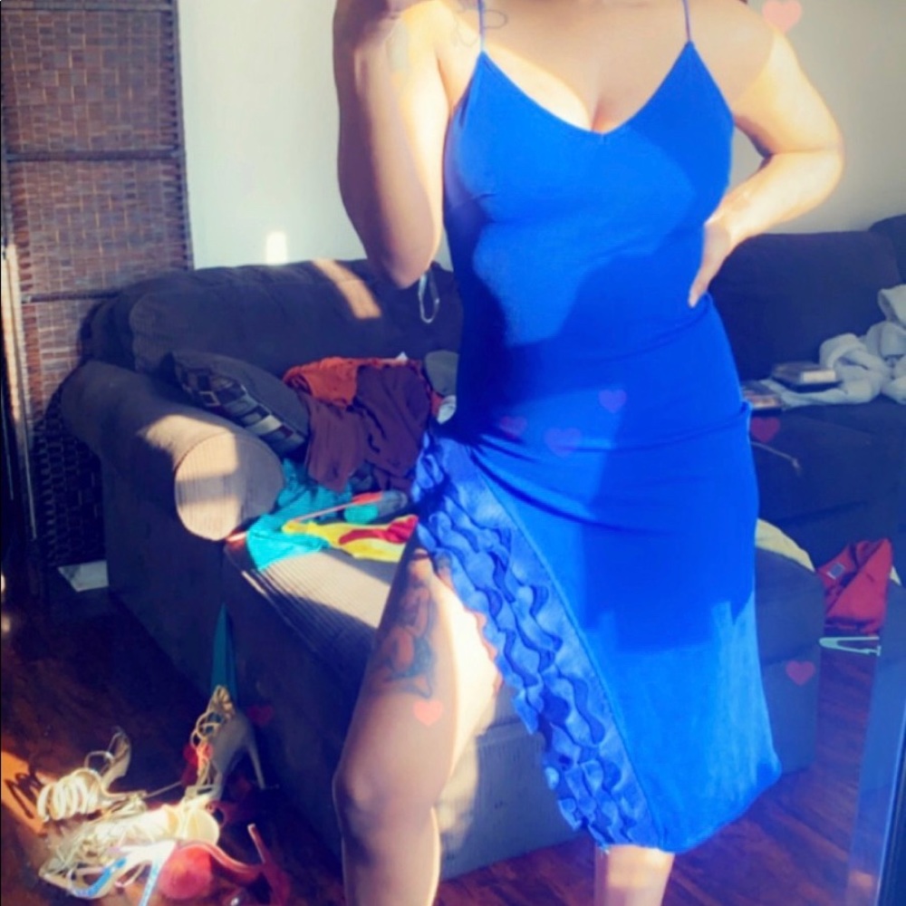 Royal blue front slit ruffle dress